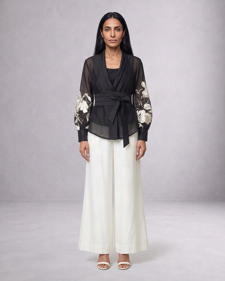 Reva Floral Embroidered Chanderi Silk Wrap Top and Pant Two-Piece Set - Two-Piece Set - Mizyana