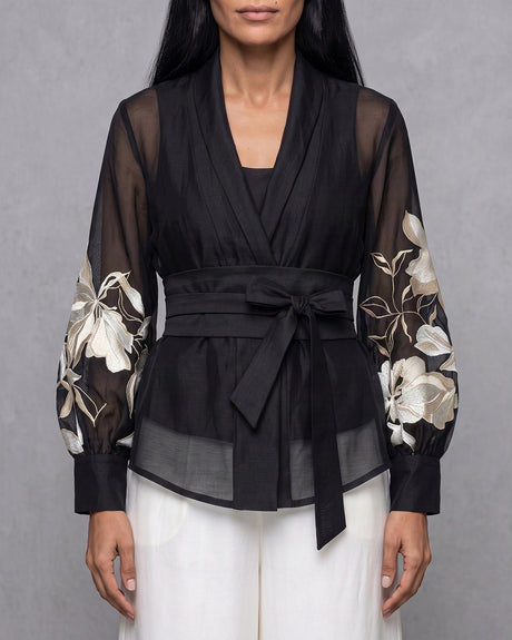 Reva Floral Embroidered Chanderi Silk Wrap Top and Pant Two-Piece Set - Two-Piece Set - Mizyana