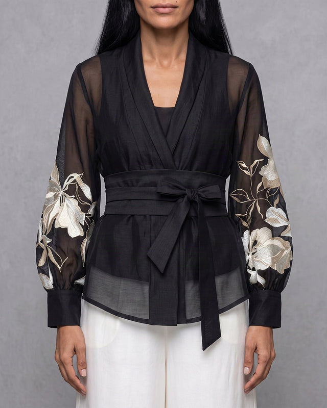 Reva Floral Embroidered Chanderi Silk Wrap Top and Pant Two-Piece Set - Two-Piece Set - Mizyana