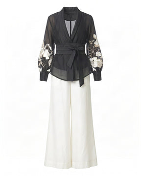 Reva Floral Embroidered Chanderi Silk Wrap Top and Pant Two-Piece Set - Two-Piece Set - Mizyana