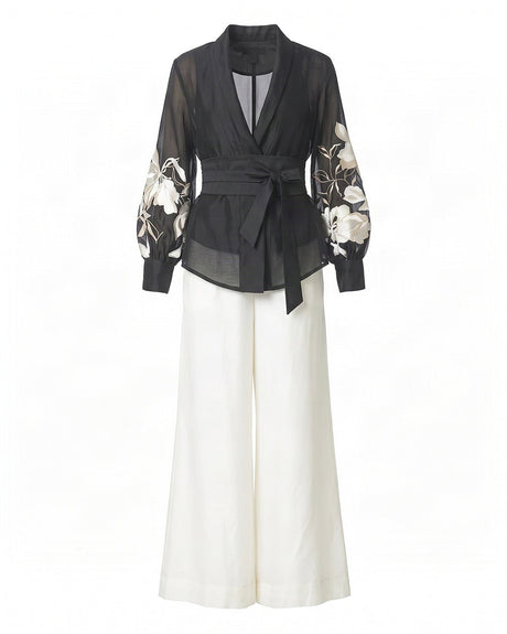 Reva Floral Embroidered Chanderi Silk Wrap Top and Pant Two-Piece Set - Two-Piece Set - Mizyana