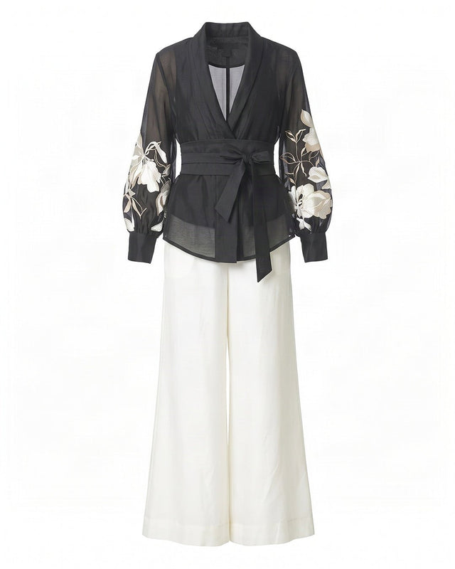Reva Floral Embroidered Chanderi Silk Wrap Top and Pant Two-Piece Set - Two-Piece Set - Mizyana