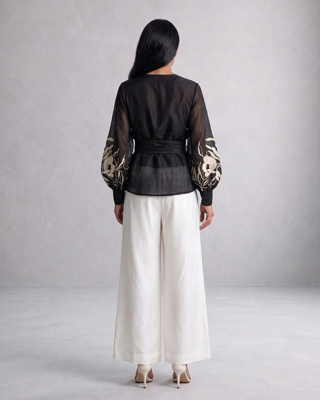 Reva Floral Embroidered Chanderi Silk Wrap Top and Pant Two-Piece Set - Two-Piece Set - Mizyana