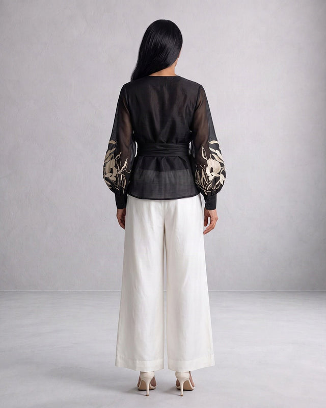 Reva Floral Embroidered Chanderi Silk Wrap Top and Pant Two-Piece Set - Two-Piece Set - Mizyana