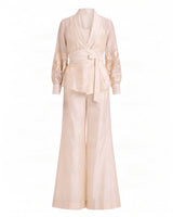 Reva Ivory Wrap Blazer Top and Wide-Leg Pants Two-Piece Set - Two-Piece Set - Mizyana