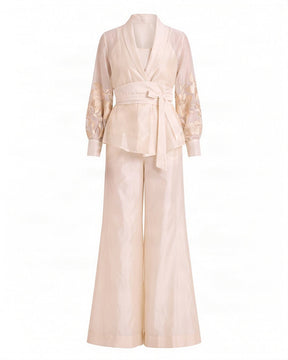 Reva Ivory Wrap Blazer Top and Wide-Leg Pants Two-Piece Set - Two-Piece Set - Mizyana