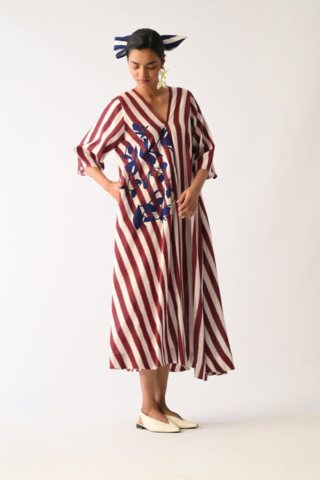 Revolt Bric Mayflower Applique Dress by Ofrida, maroon and white striped A-line V-neck dress with navy applique, front