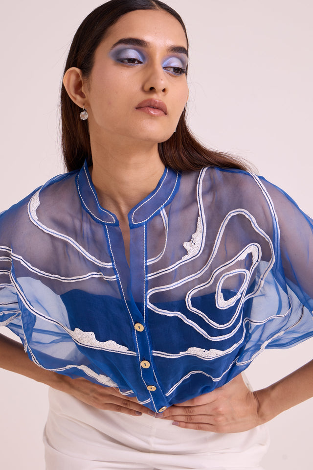 Riley - Sheer Blue Organza Top + Pant Set - Two-Piece Set - Mizyana