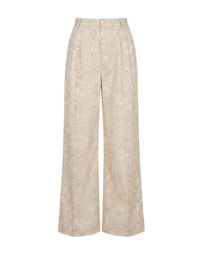 Rooh Greige Floral Print Wide-Leg Cotton Trousers - Trousers - Mizyana