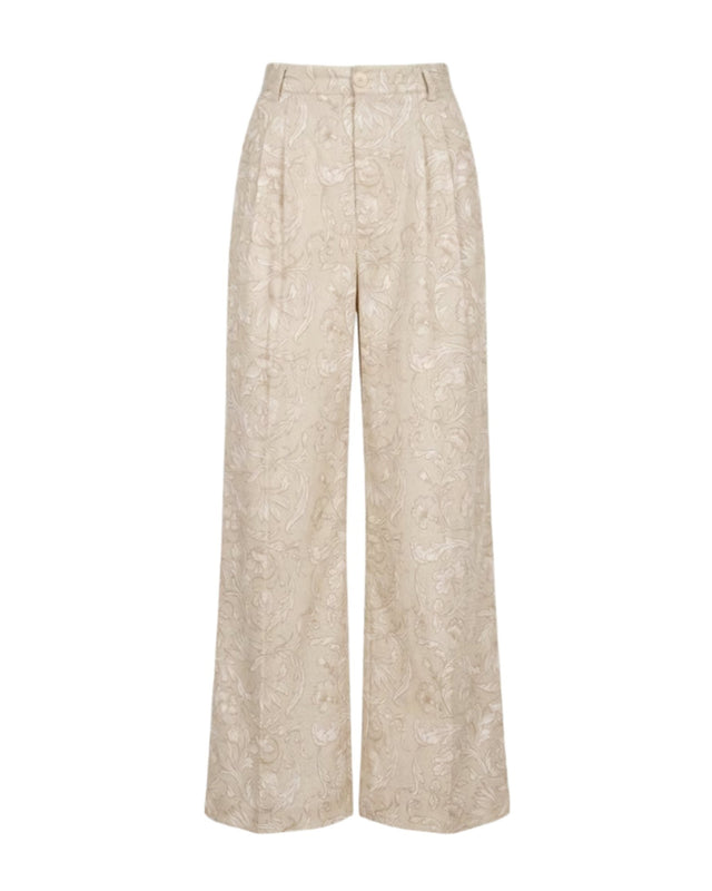 Rooh Greige Floral Print Wide-Leg Cotton Trousers - Trousers - Mizyana