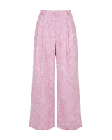 Rooh Rose Pink Floral Print Pleated Cotton Wide-Leg Trousers - Trousers - Mizyana