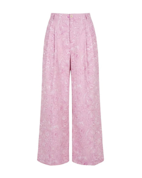 Rooh Rose Pink Floral Print Pleated Cotton Wide-Leg Trousers - Trousers - Mizyana
