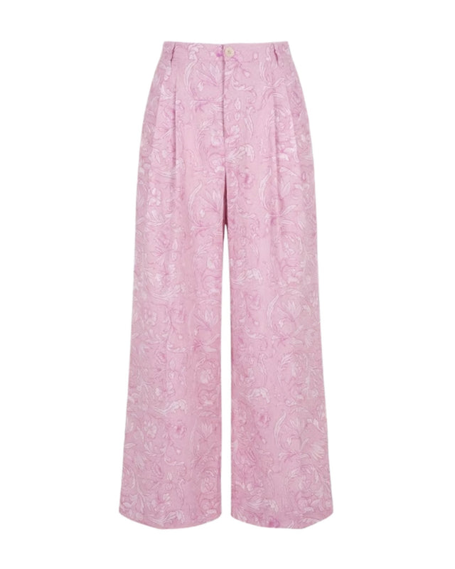 Rooh Rose Pink Floral Print Pleated Cotton Wide-Leg Trousers - Trousers - Mizyana