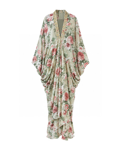 Rose Floral Print Embroidered Kaftan and Inner Two-Piece Set - Two-Piece Set - Mizyana