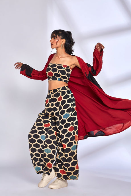 Model dancing in the Rosetta Co-ord Set with the jacket in motion, front view