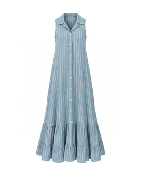 Rumi Blue Striped Button-Front Cotton Maxi Dress - Dress - Mizyana