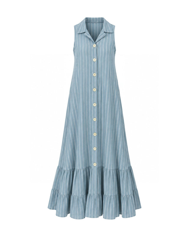 Rumi Blue Striped Button-Front Cotton Maxi Dress - Dress - Mizyana
