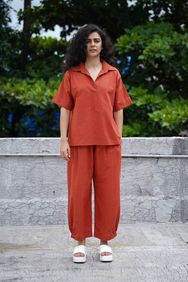 Rust Ekin Shirt & Hera Cotton Co-Ord Set (2 PCS) - Two-Piece Set - Mizyana