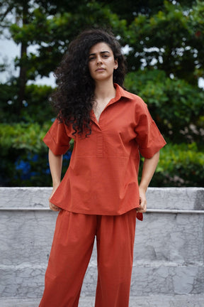 Rust Ekin Shirt & Hera Cotton Co-Ord Set (2 PCS) - Two-Piece Set - Mizyana