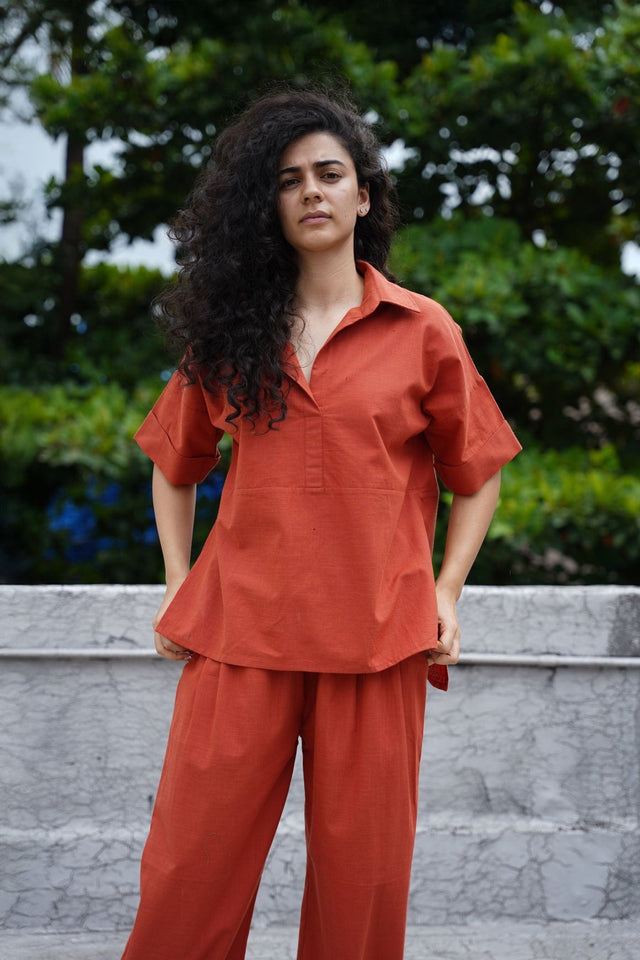 Rust Ekin Shirt & Hera Cotton Co-Ord Set (2 PCS) - Two-Piece Set - Mizyana