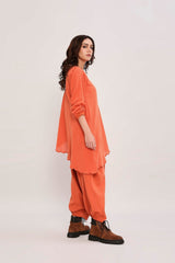 Rust Ribbed Scallop Tunic Set (2 PCS) - Two-Piece Set - Mizyana