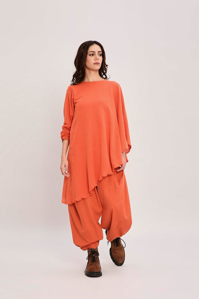 Rust Ribbed Scallop Tunic Set (2 PCS) - Two-Piece Set - Mizyana