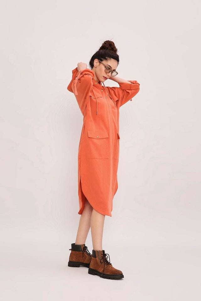 Rust Safari Pocket Hooded Dress - Dress - Mizyana