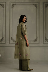 Sage Green Applique Work Embroidered Jacket With Top And Flared Pant In Linen - Two-Piece Set - Mizyana