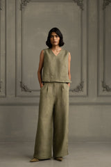 Sage Green Applique Work Embroidered Jacket With Top And Flared Pant In Linen - Two-Piece Set - Mizyana