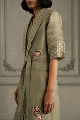 Sage Green Applique Work Embroidered Jacket With Top And Flared Pant In Linen - Two-Piece Set - Mizyana