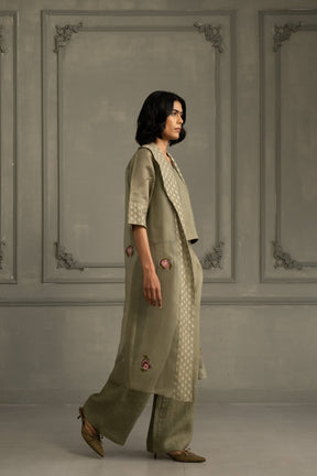 Sage Green Applique Work Embroidered Jacket With Top And Flared Pant In Linen - Two-Piece Set - Mizyana