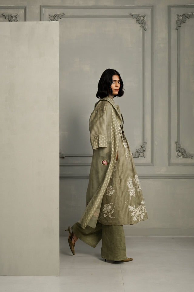 Sage Green Applique Work Embroidered Organza Jacket With Discharge Print Dress In Gauze Linen And Linen Straight Pants - Three-Piece Set - Mizyana