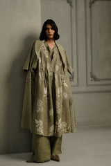 Sage Green Applique Work Embroidered Organza Jacket With Discharge Print Dress In Gauze Linen And Linen Straight Pants - Three-Piece Set - Mizyana