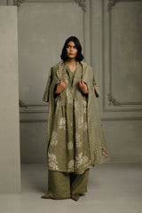 Sage Green Applique Work Embroidered Organza Jacket With Discharge Print Dress In Gauze Linen And Linen Straight Pants - Three-Piece Set - Mizyana
