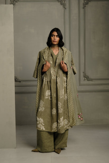 Sage Green Applique Work Embroidered Organza Jacket With Discharge Print Dress In Gauze Linen And Linen Straight Pants - Three-Piece Set - Mizyana