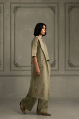 Sage Green Applique Work Embroidered Top And Flared Pant In Linen - Two-Piece Set - Mizyana