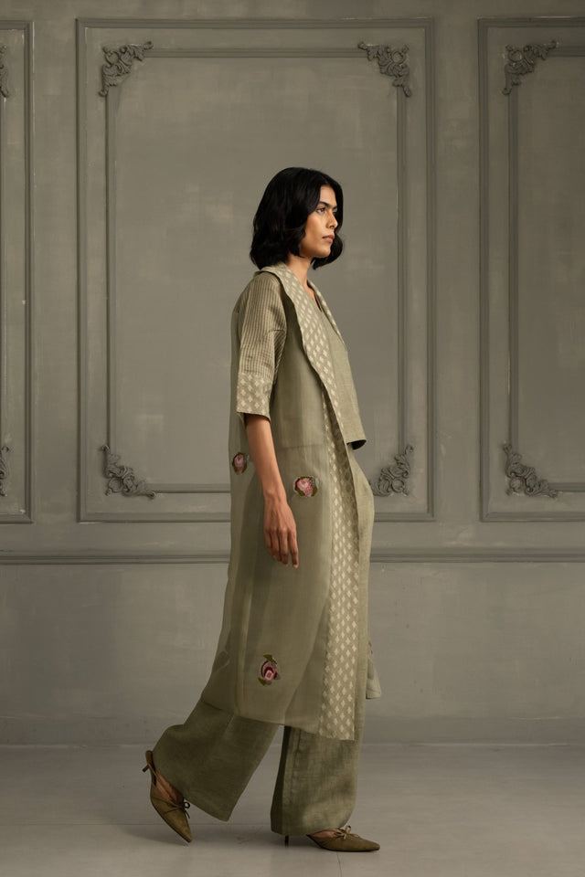 Sage Green Applique Work Embroidered Top And Flared Pant In Linen - Two-Piece Set - Mizyana