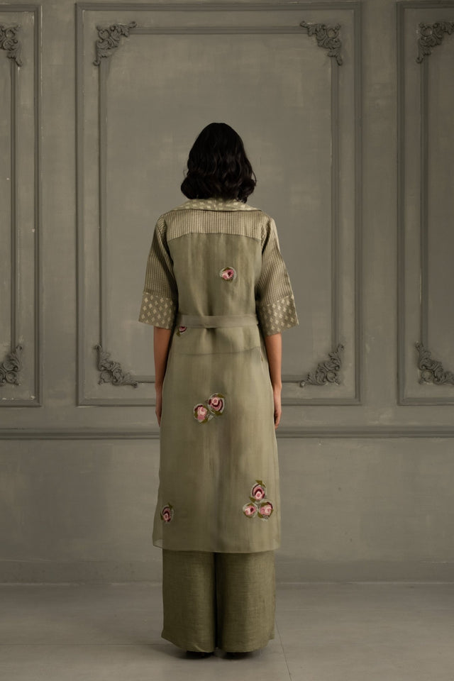 Sage Green Applique Work Embroidered Top And Flared Pant In Linen - Two-Piece Set - Mizyana
