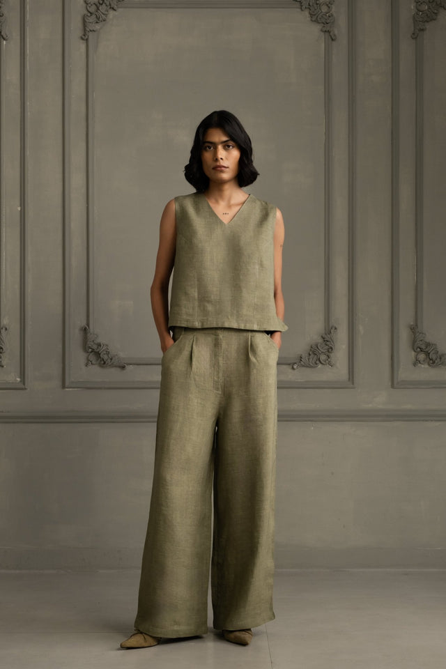 Sage Green Applique Work Embroidered Top And Flared Pant In Linen - Two-Piece Set - Mizyana