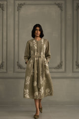 Sage Green Discharge Print Dress In Gauze Linen With Belt And Embroidery - Dress - Mizyana
