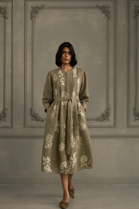 Sage Green Discharge Print Dress In Gauze Linen With Belt And Embroidery - Dress - Mizyana