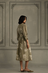 Sage Green Discharge Print Dress In Gauze Linen With Belt And Embroidery - Dress - Mizyana