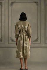 Sage Green Discharge Print Dress In Gauze Linen With Belt And Embroidery - Dress - Mizyana