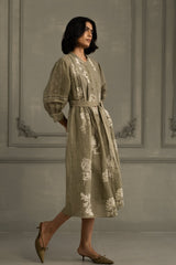 Sage Green Discharge Print Dress In Gauze Linen With Belt And Embroidery - Dress - Mizyana