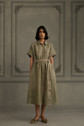 Sage Green Dress In Gauze Linen With Belt And Embroidery - Dress - Mizyana
