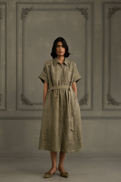 Sage Green Dress in Gauze Linen with Belt and Embroidery by ARCVSH by Pallavi Singh, shirt collar front view