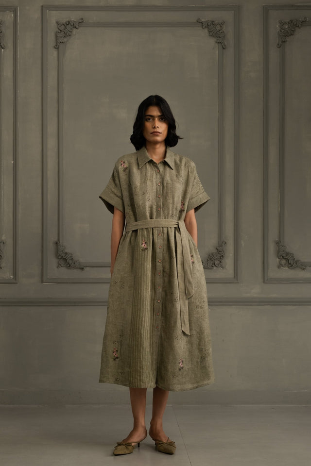 Sage Green Dress In Gauze Linen With Belt And Embroidery - Dress - Mizyana