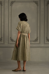 Sage Green Dress In Gauze Linen With Belt And Embroidery - Dress - Mizyana