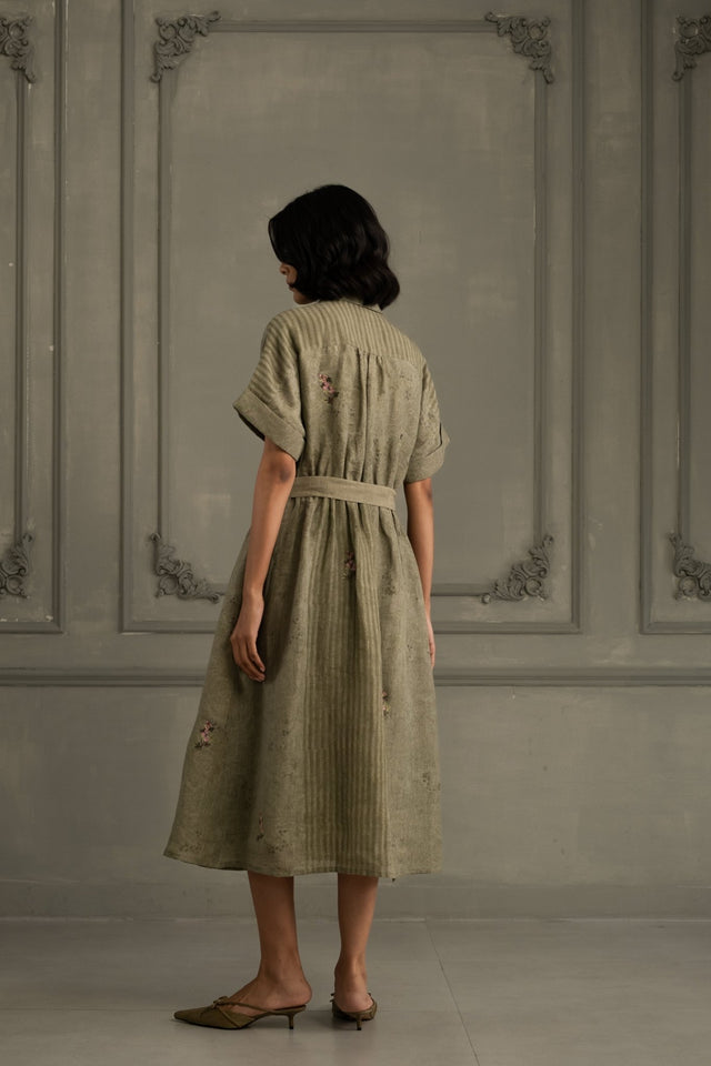 Sage Green Dress In Gauze Linen With Belt And Embroidery - Dress - Mizyana