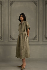 Sage Green Dress In Gauze Linen With Belt And Embroidery - Dress - Mizyana